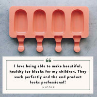 Mini Silicone Ice Cream Mould tray with a customer review from Nicole: I love being able to make beautiful, healthy ice blocks for my children, they work perfectly and the end product looks professional