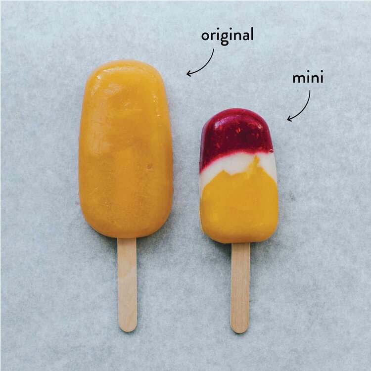 Size comparison of the original ice cream mould beside the mini, showing a full-size mango ice cream next to a smaller layered one