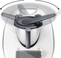 Diagram of the MixTaste Thermo Chimney fitted to a Thermomix, showing how it diverts steam sideways away from the cupboard above