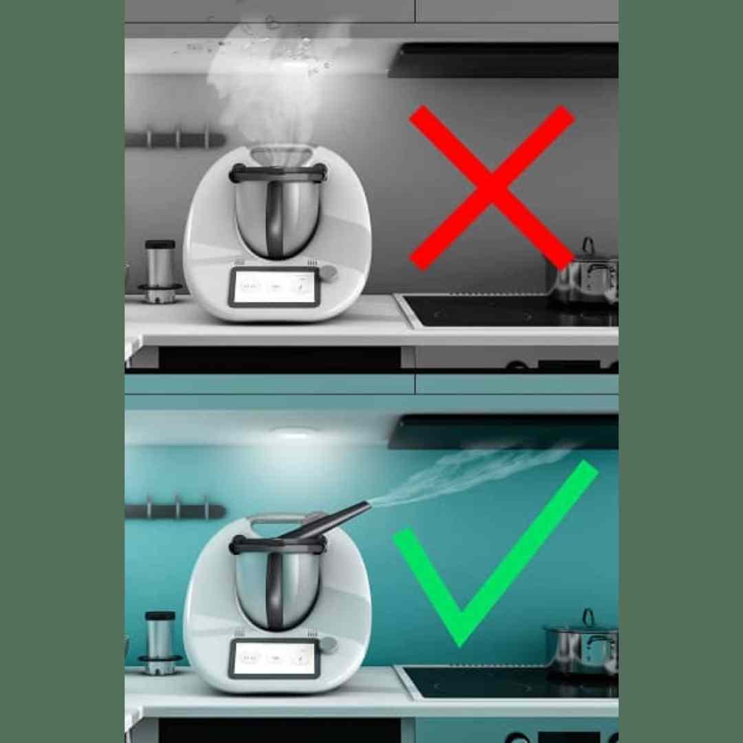 Before and after comparison showing steam rising into the overhead cupboard without the MixTaste Thermo Chimney, and directed safely away with it fitted