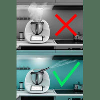 Before and after comparison showing steam rising into the overhead cupboard without the MixTaste Thermo Chimney, and directed safely away with it fitted