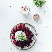 Beetroot dish topped with whipped feta and herbs, from Modern Slow Cooker