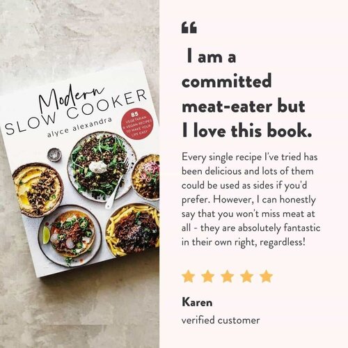 Modern Slow Cooker cover with a customer review from Karen: I am a committed meat-eater but I love this book, every single recipe I've tried has been delicious and lots of them could be used as sides if you'd prefer