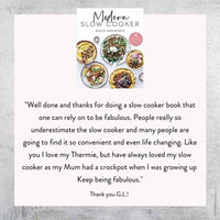 Modern Slow Cooker cover with a customer message from G L thanking Alyce for a slow cooker book people can rely on, saying it is convenient and even life changing