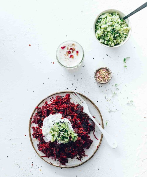 Beetroot dish topped with whipped feta and herbs, from Modern Slow Cooker