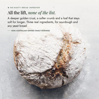 Round sourdough loaf dusted with flour showing a deep golden crust; No-Nasty Bread Improver gives a deeper crust, a softer crumb and a loaf that stays soft for longer, from three real ingredients