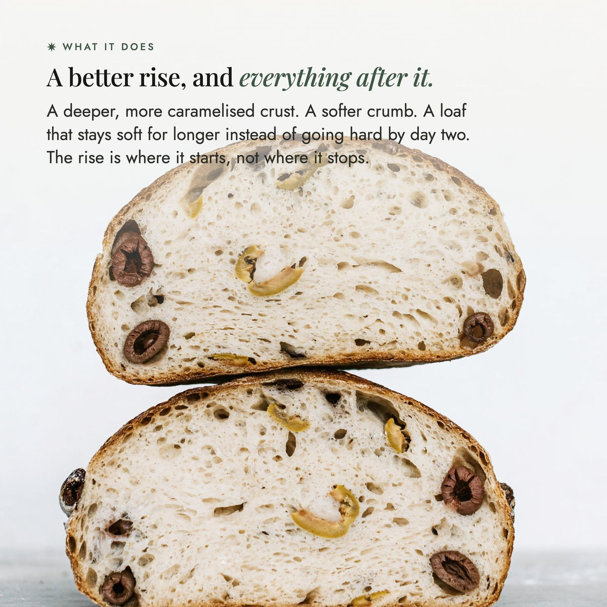 Two halves of an olive sourdough loaf stacked to show an open, airy crumb; No-Nasty Bread Improver gives a better rise, a more caramelised crust and a loaf that stays soft past day two