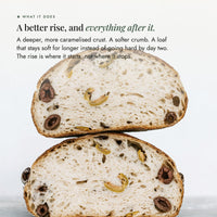 Two halves of an olive sourdough loaf stacked to show an open, airy crumb; No-Nasty Bread Improver gives a better rise, a more caramelised crust and a loaf that stays soft past day two
