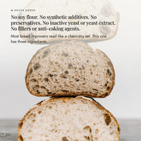 Three halved sourdough loaves stacked to show their crumb; No-Nasty Bread Improver has no soy flour, synthetic additives, preservatives, inactive yeast or yeast extract, fillers or anti-caking agents