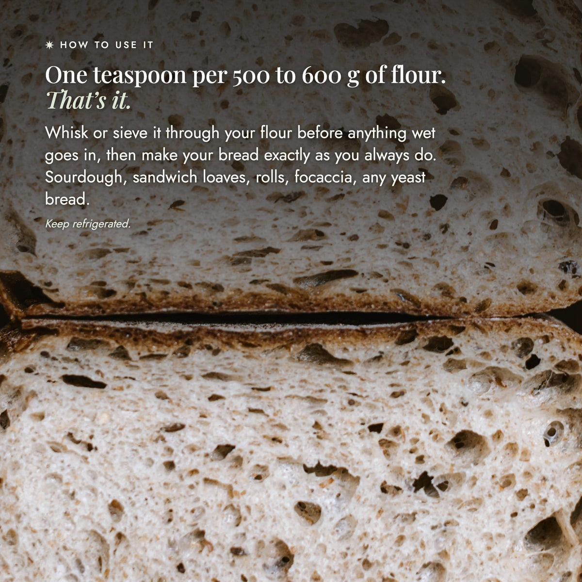 Close up of a sliced sandwich loaf with a soft, even crumb; use one teaspoon of No-Nasty Bread Improver per 500 to 600 g of flour, whisked through before anything wet goes in, and keep it refrigerated