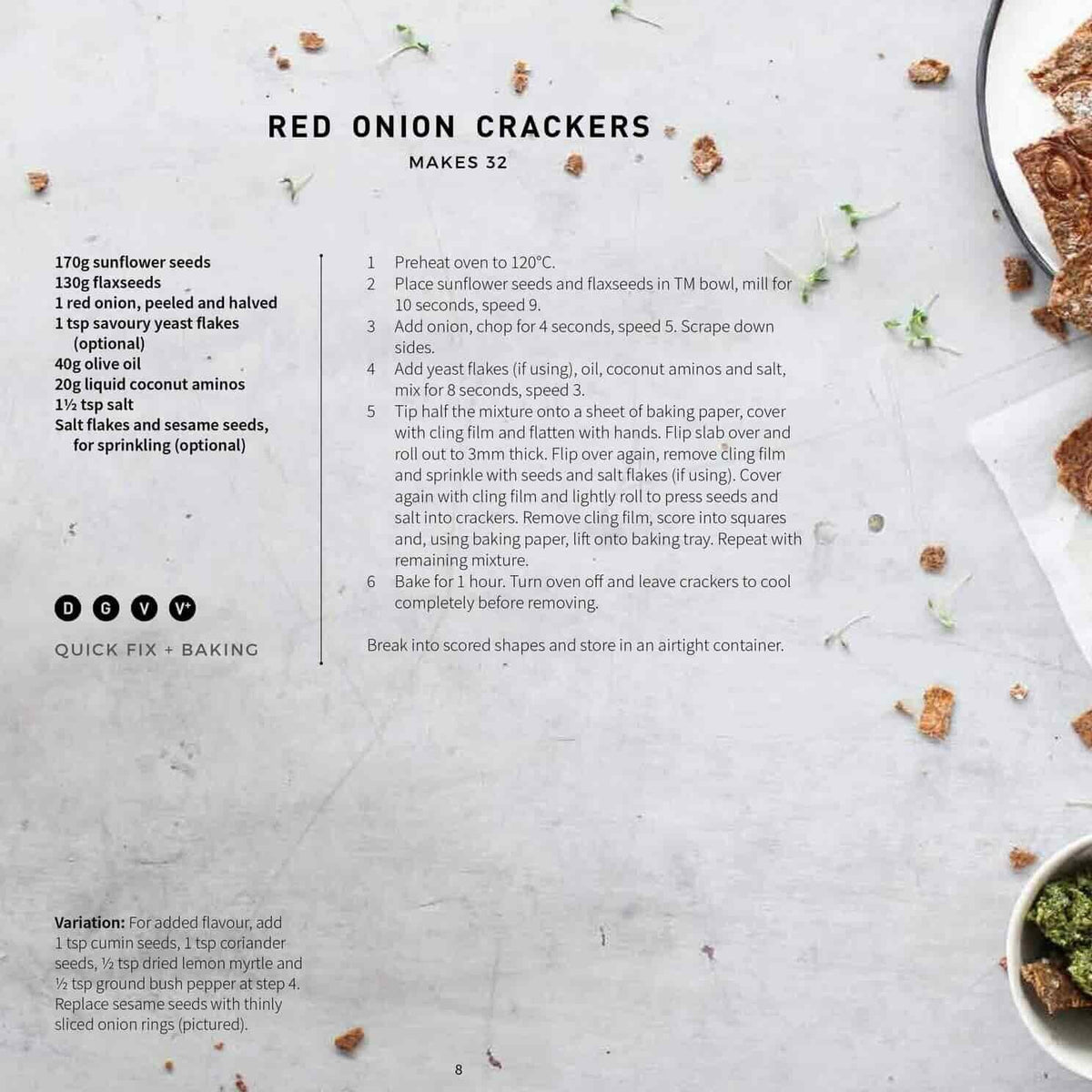 Recipe page for Red Onion Crackers, makes 32, from the Paleo Class Booklet, marked gluten free and dairy free with a variation on the seeds used