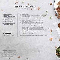 Recipe page for Red Onion Crackers, makes 32, from the Paleo Class Booklet, marked gluten free and dairy free with a variation on the seeds used