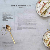 Recipe page for Lime and Pistachio Cake serving 12 from the Paleo Class Booklet, with a variation note and a chef's tip