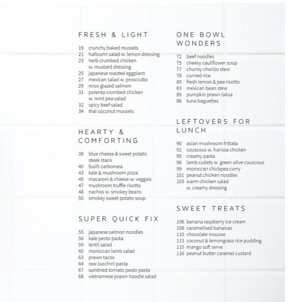 Contents page of Quick Dinners in the Thermomix cookbook