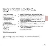 Recipe page for Spicy Chicken Noodles with Broccolini serving 4 from Quick Fix in the Thermomix, with a health tip on coriander