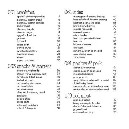 First contents page of Quick Fix in the Thermomix listing the breakfast, snacks and starters, sides, poultry and pork, and red meat sections