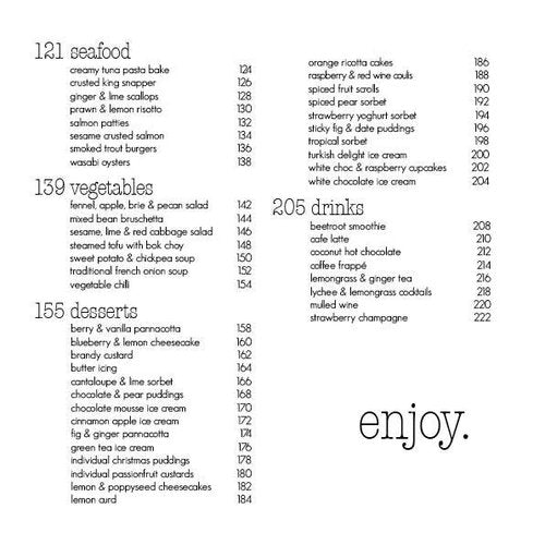 Second contents page of Quick Fix in the Thermomix listing the seafood, vegetables, desserts, more sides and drinks sections