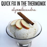 Title page of Quick Fix in the Thermomix by Alyce Alexandra, with a poached pear dessert alongside