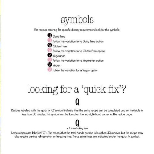 Symbols page from Quick Fix in the Thermomix explaining the dairy free, gluten free and vegetarian markers, and the Q symbol for recipes that can be completed and on the table in less than 30 minutes