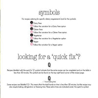 Symbols page from Quick Fix in the Thermomix explaining the dairy free, gluten free and vegetarian markers, and the Q symbol for recipes that can be completed and on the table in less than 30 minutes