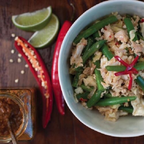 Platter of chicken skewers with green beans, chilli and lime, from Quick Fix in the Thermomix