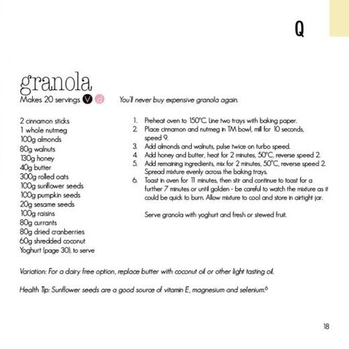 Recipe page for Granola making 20 servings from Quick Fix in the Thermomix, with a dairy free variation and a health tip on sunflower seeds