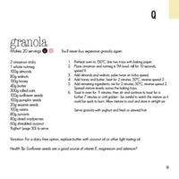 Recipe page for Granola making 20 servings from Quick Fix in the Thermomix, with a dairy free variation and a health tip on sunflower seeds