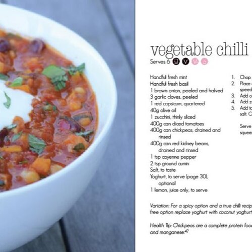 Bowl of vegetable chilli with herbs beside its recipe page, from Quick Fix in the Thermomix