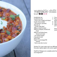 Bowl of vegetable chilli with herbs beside its recipe page, from Quick Fix in the Thermomix