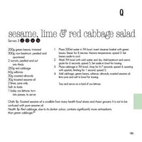 Recipe page for Sesame, Lime and Red Cabbage Salad serving 3 from Quick Fix in the Thermomix, with a chef's tip on toasted sesame and a health tip on red cabbage antioxidants