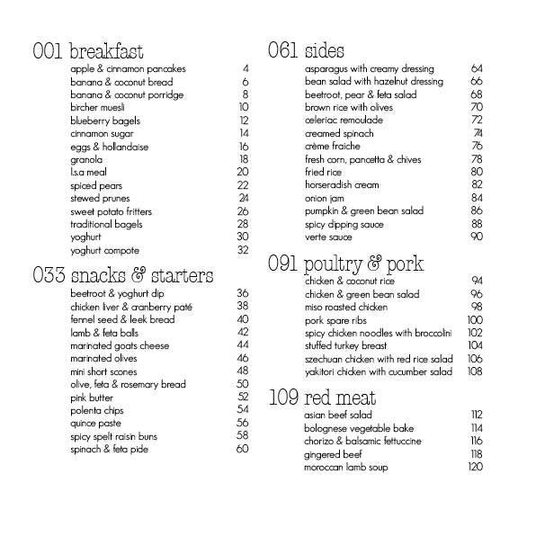 First contents page of the Quick Fix digital cookbook listing the breakfast, snacks and starters, sides, poultry and pork, and red meat sections