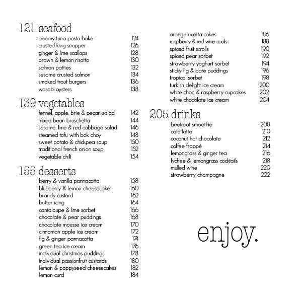 Second contents page of the Quick Fix digital cookbook listing the seafood, vegetables, desserts and drinks sections