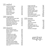 Second contents page of the Quick Fix digital cookbook listing the seafood, vegetables, desserts and drinks sections