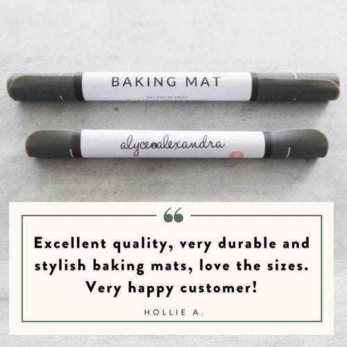 Two Silicone Baking Mats rolled in their tubes with a customer review from Hollie A: excellent quality, very durable and stylish baking mats, love the sizes, very happy customer