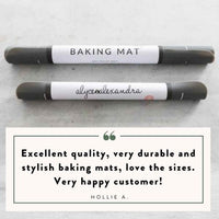Two Silicone Baking Mats rolled in their tubes with a customer review from Hollie A: excellent quality, very durable and stylish baking mats, love the sizes, very happy customer