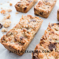 Chocolate chip muesli bars broken open to show the texture, made in the Silicone Bar Moulds