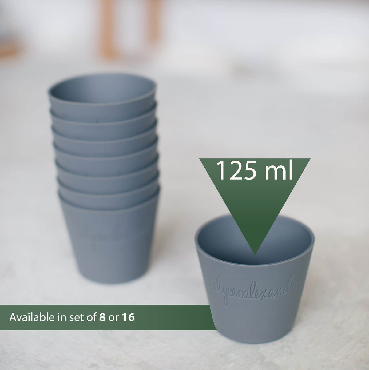 Silicone Dariole Moulds shown with their 125 ml capacity, available in sets of 8 or 16