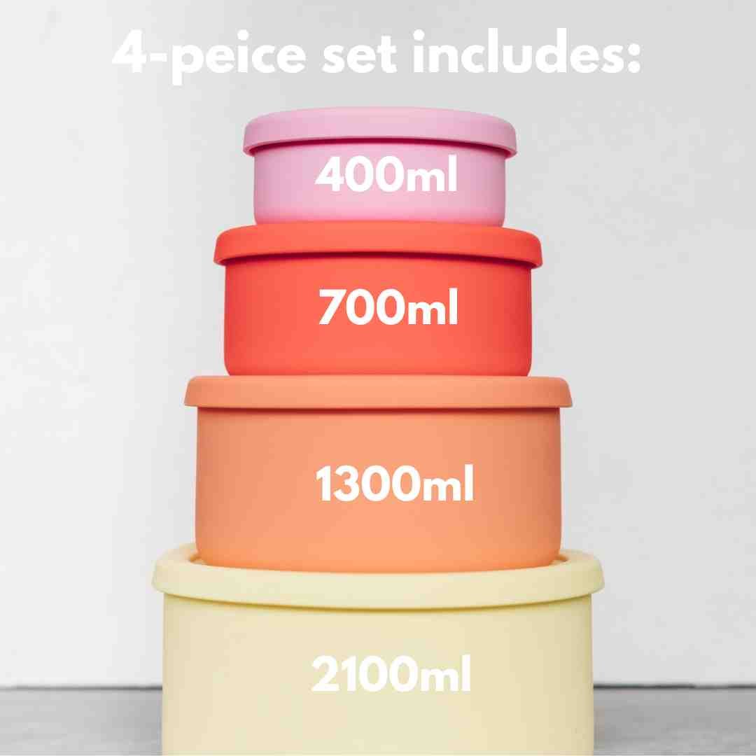 The four-piece Silicone Nesting Bowl set with capacities labelled: 400 ml, 700 ml, 1300 ml and 2100 ml