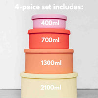 The four-piece Silicone Nesting Bowl set with capacities labelled: 400 ml, 700 ml, 1300 ml and 2100 ml