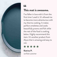 Five-star customer review from Katrina P: this mat is awesome, it has allowed me to become more adventurous with my thermo cooking, it makes perfect omelettes and cooks beautifully prawns and fish while the rest of the food is cooking below