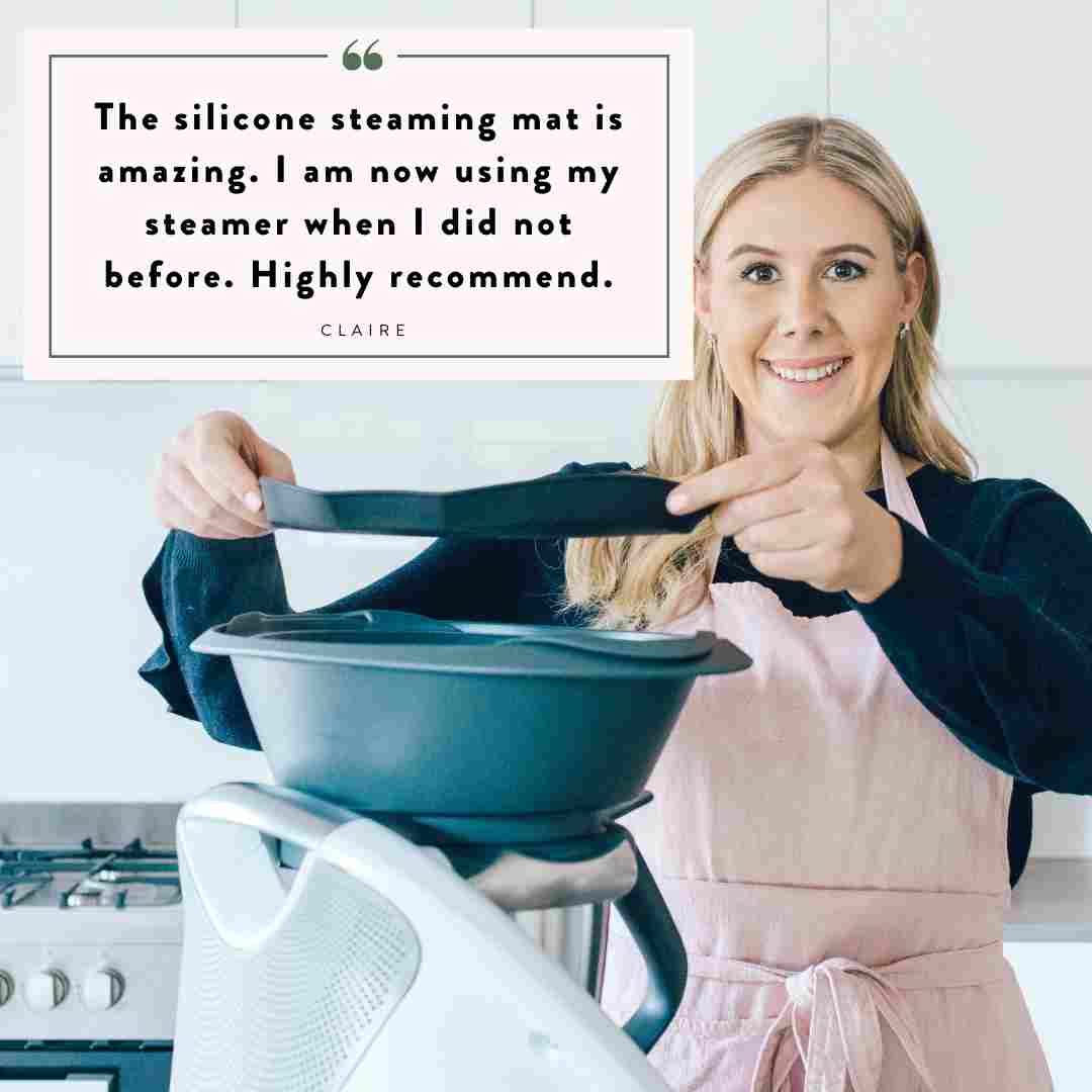 Alyce holding the Varoma with the Silicone Steaming Mat; customer review from Claire: the silicone steaming mat is amazing, I am now using my steamer when I did not before, highly recommend