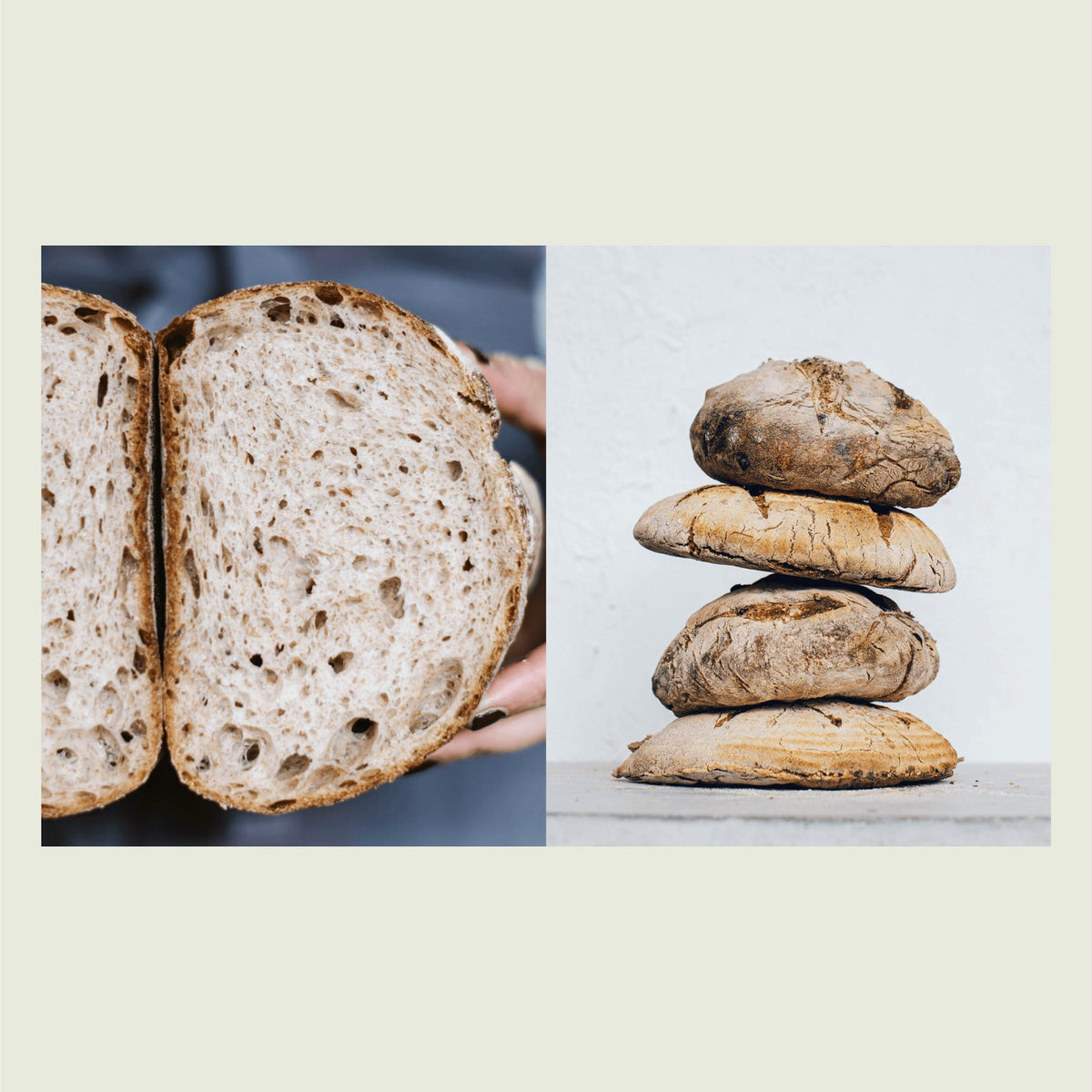 Two photographs of sourdough loaves of bread, one sliced to show the crumb and one stacked whole