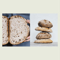 Two photographs of sourdough loaves of bread, one sliced to show the crumb and one stacked whole