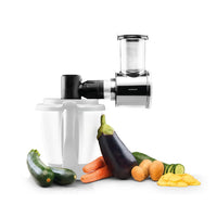 Slicer and Shredder attachment on a white background with eggplant, carrot and courgette alongside