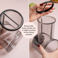 Removable chute divider for the Slicer and Shredder, which holds the sliced product in a stable position