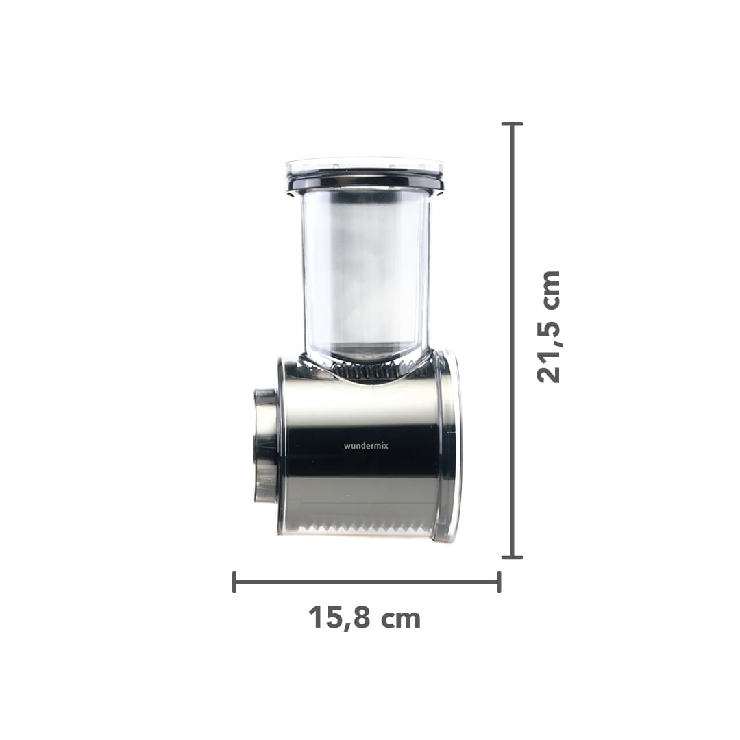 Dimensions of the Slicer and Shredder attachment: 15.8 cm wide and 21.5 cm tall