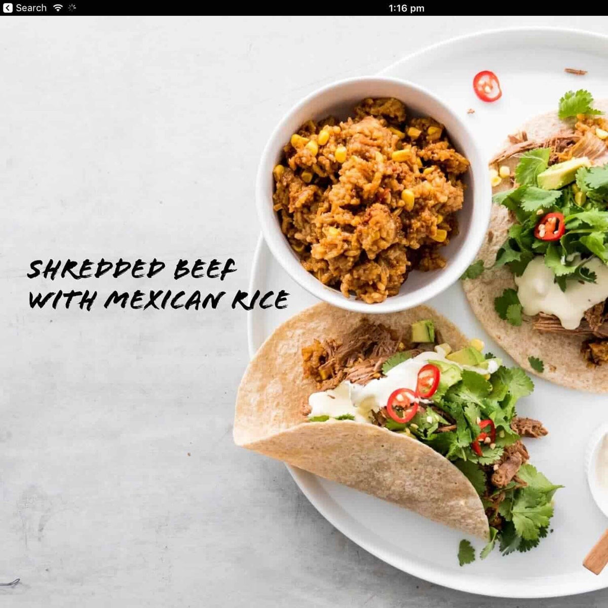 Shredded beef with Mexican rice served with tortillas and salad, from Slow Cooker Recipes with Thermomix-Prep Options