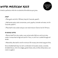 Recipe page for Shredded Beef with Mexican Rice from Slow Cooker Recipes, split into the Thermomix prep steps and the 10 hours later slow cooker steps, marked as a freezer-friendly recipe