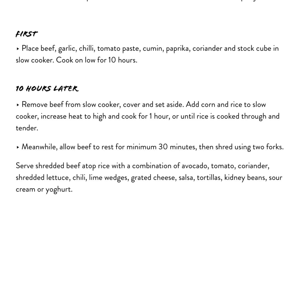 Recipe page from Slow Cooker Recipes showing the first steps and the 10 hours later steps side by side