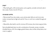 Recipe page from Slow Cooker Recipes showing the first steps and the 10 hours later steps side by side
